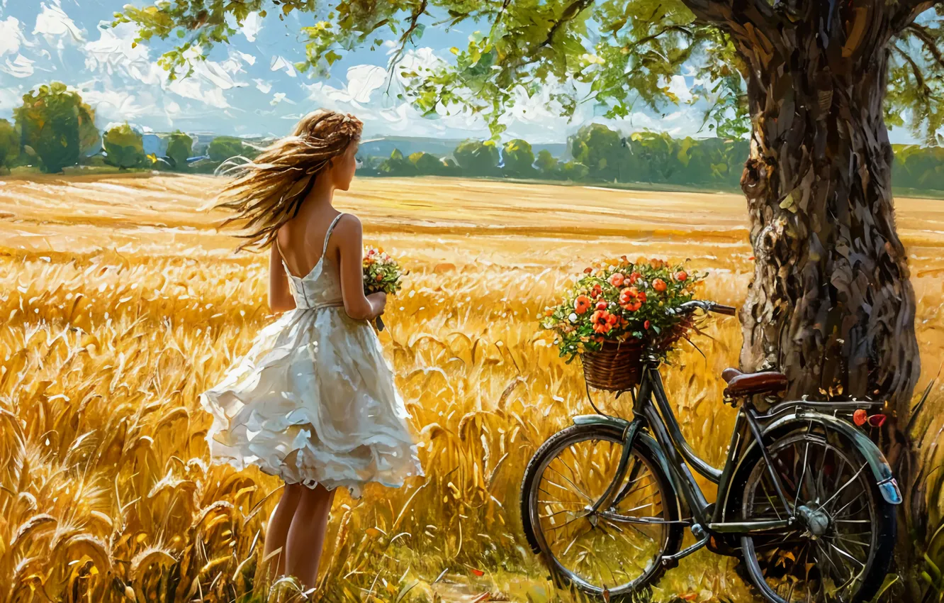 Photo wallpaper field, girl, bike, picture