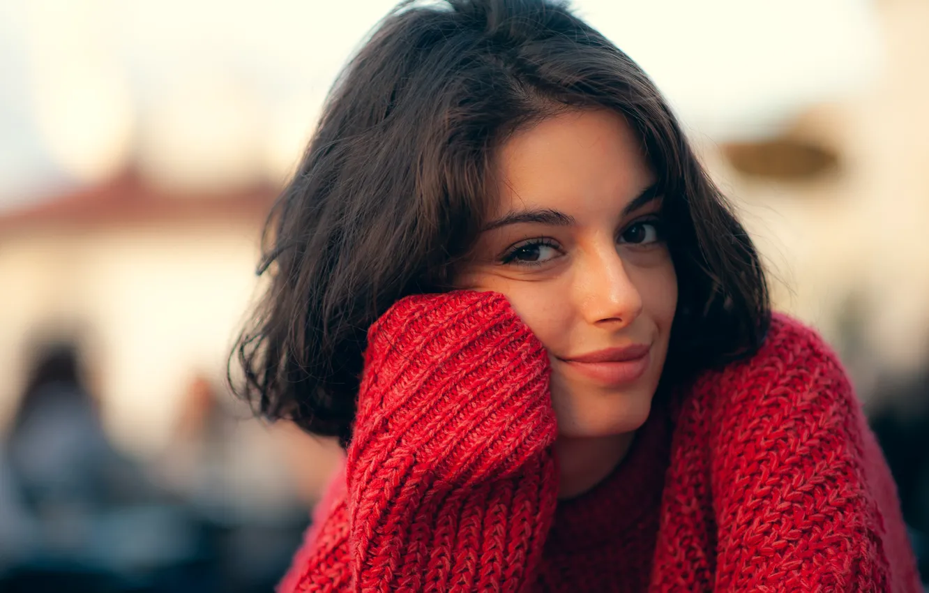 Photo wallpaper red, girl, brunette, Sight, Pullover