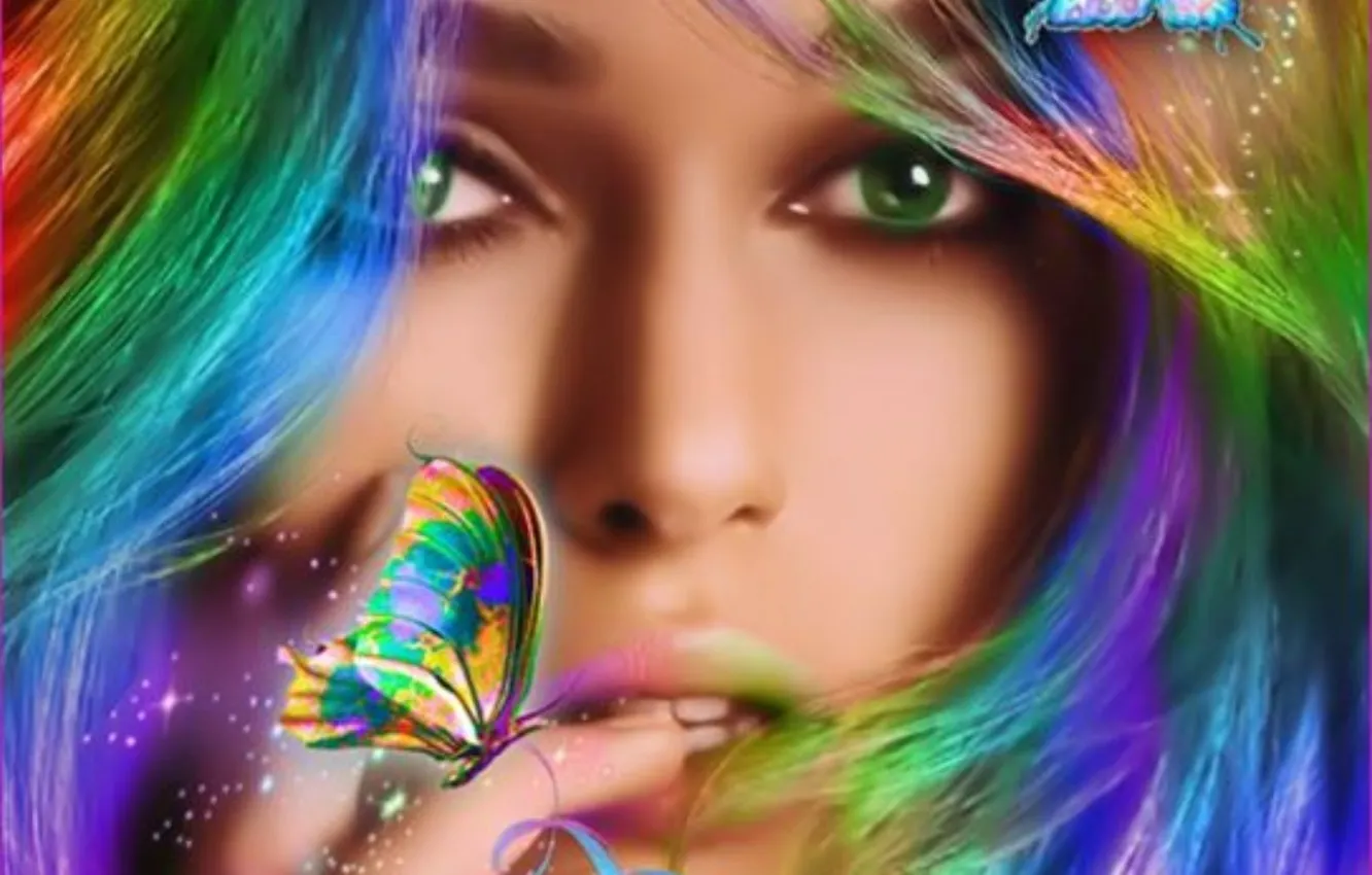 Photo wallpaper girl, beautiful, hair, butterflies, colorful women