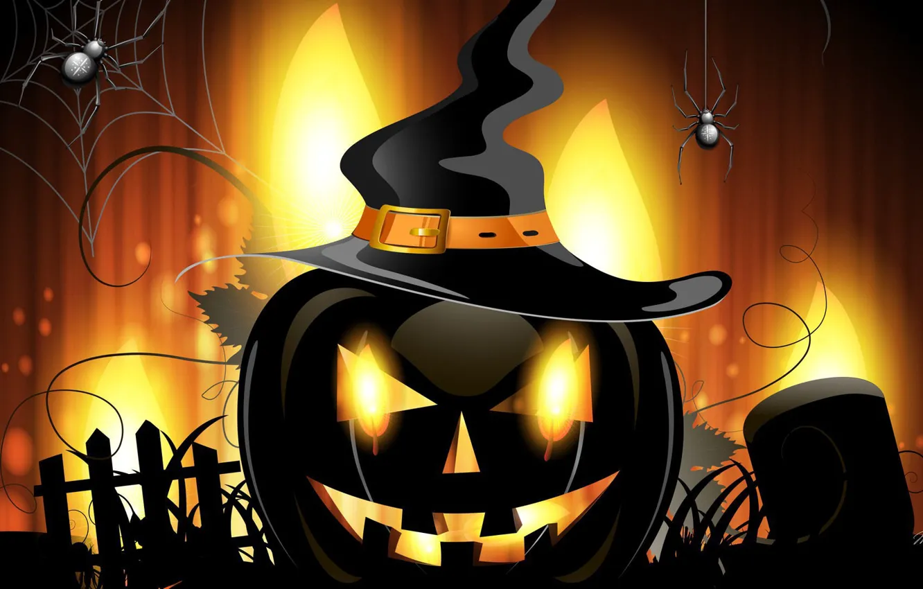 Photo wallpaper Halloween, hat, holiday, artwork, pumpkin, Spider, vector art, witch hat