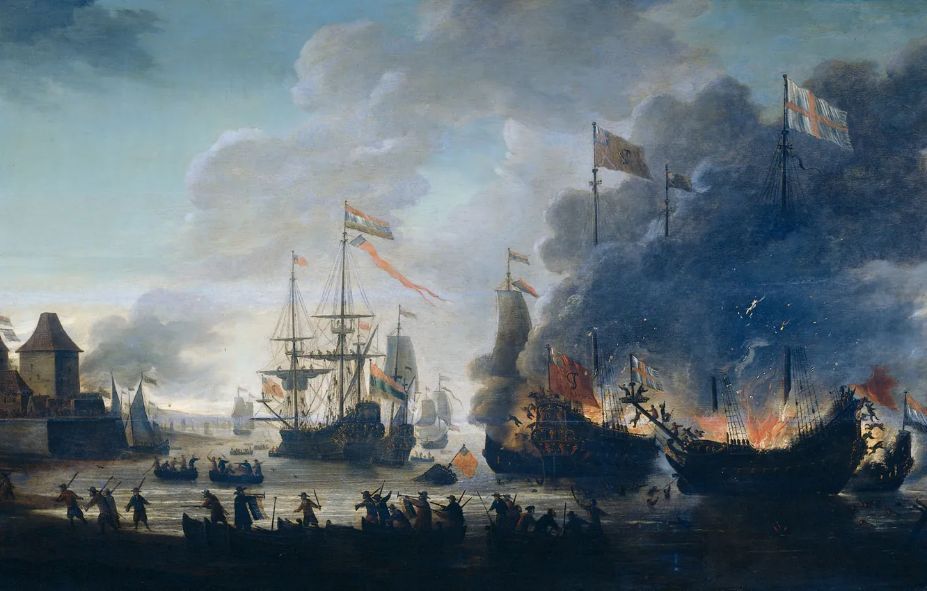 Photo wallpaper sea, oil, picture, battle, sail, battle, Jan van Leiden, The Dutch Harness English Ships