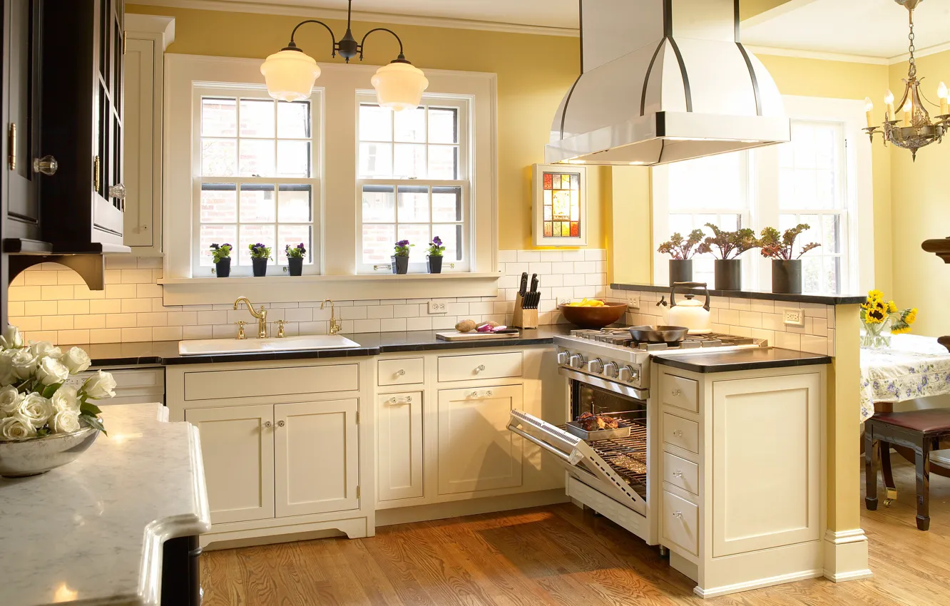 Photo wallpaper country, inspiration, kitchen, storage, glamorous, design with wooden painted, white cabinets sets