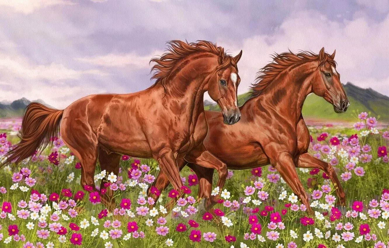 Photo wallpaper field, summer, the sky, clouds, flowers, hills, figure, horses