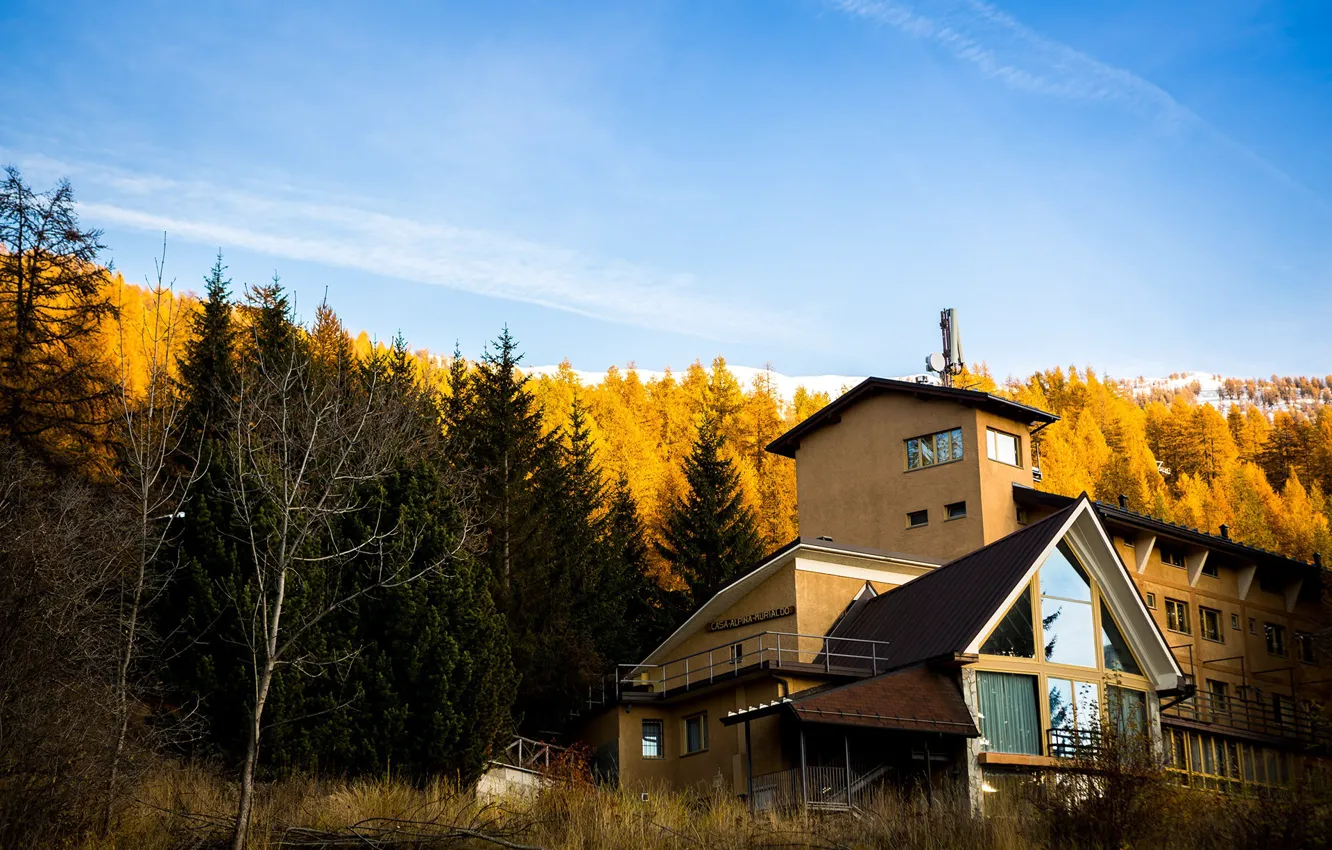 Photo wallpaper forest, the sky, mountains, structure, Mountainscapes