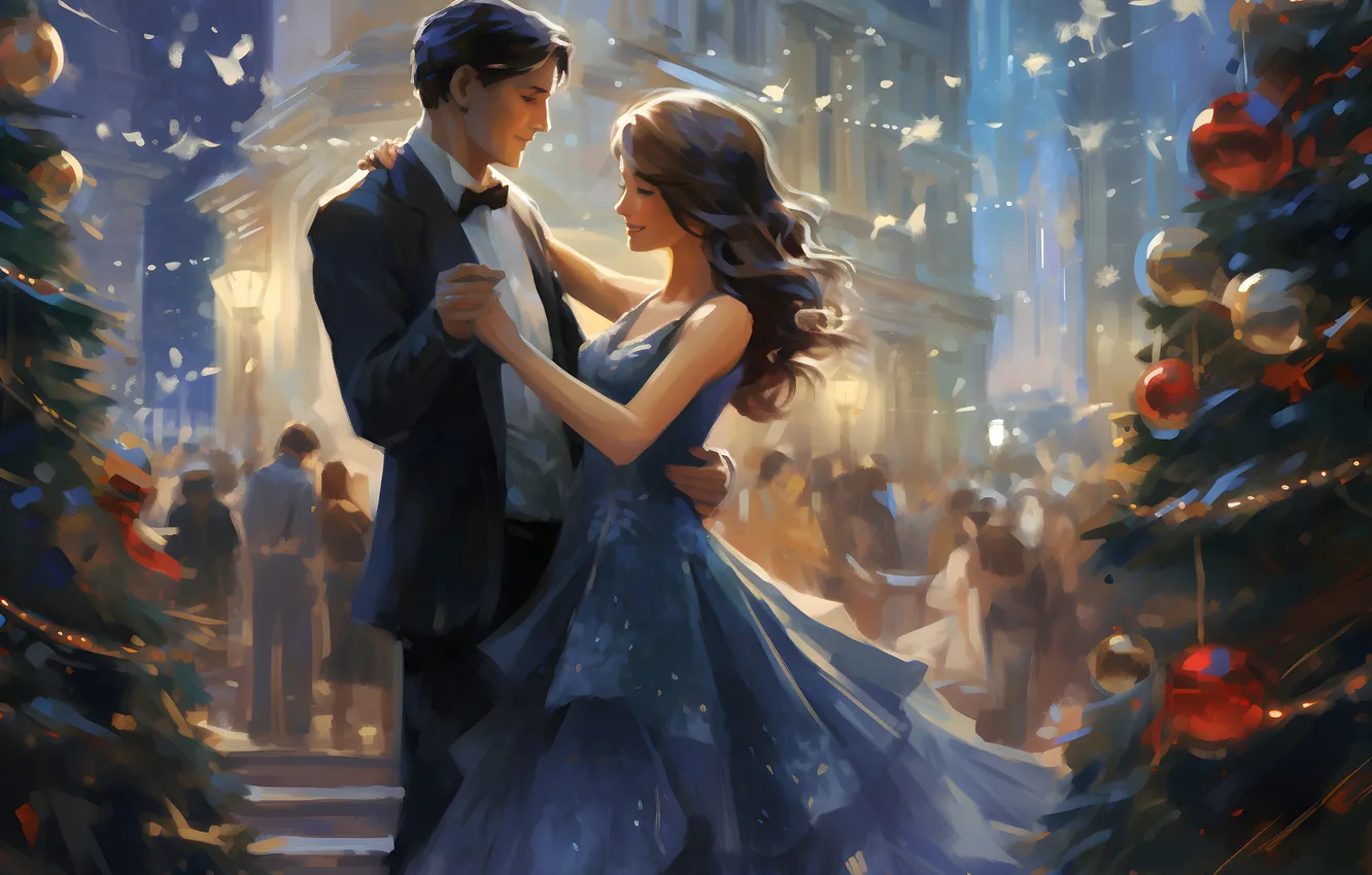 Photo wallpaper girl, people, tree, new year, home, dress, Christmas, guy