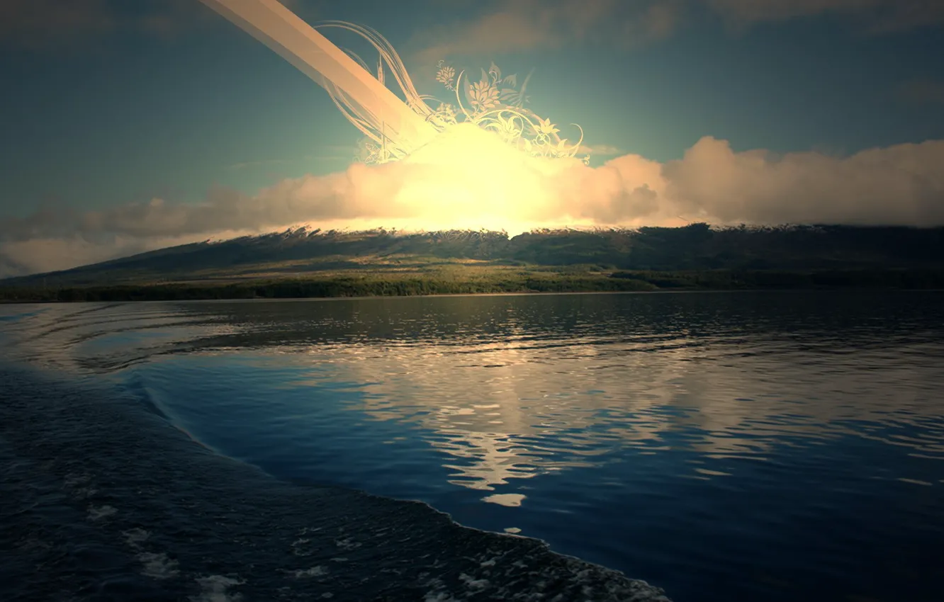 Photo wallpaper the sun, lake, sunrise