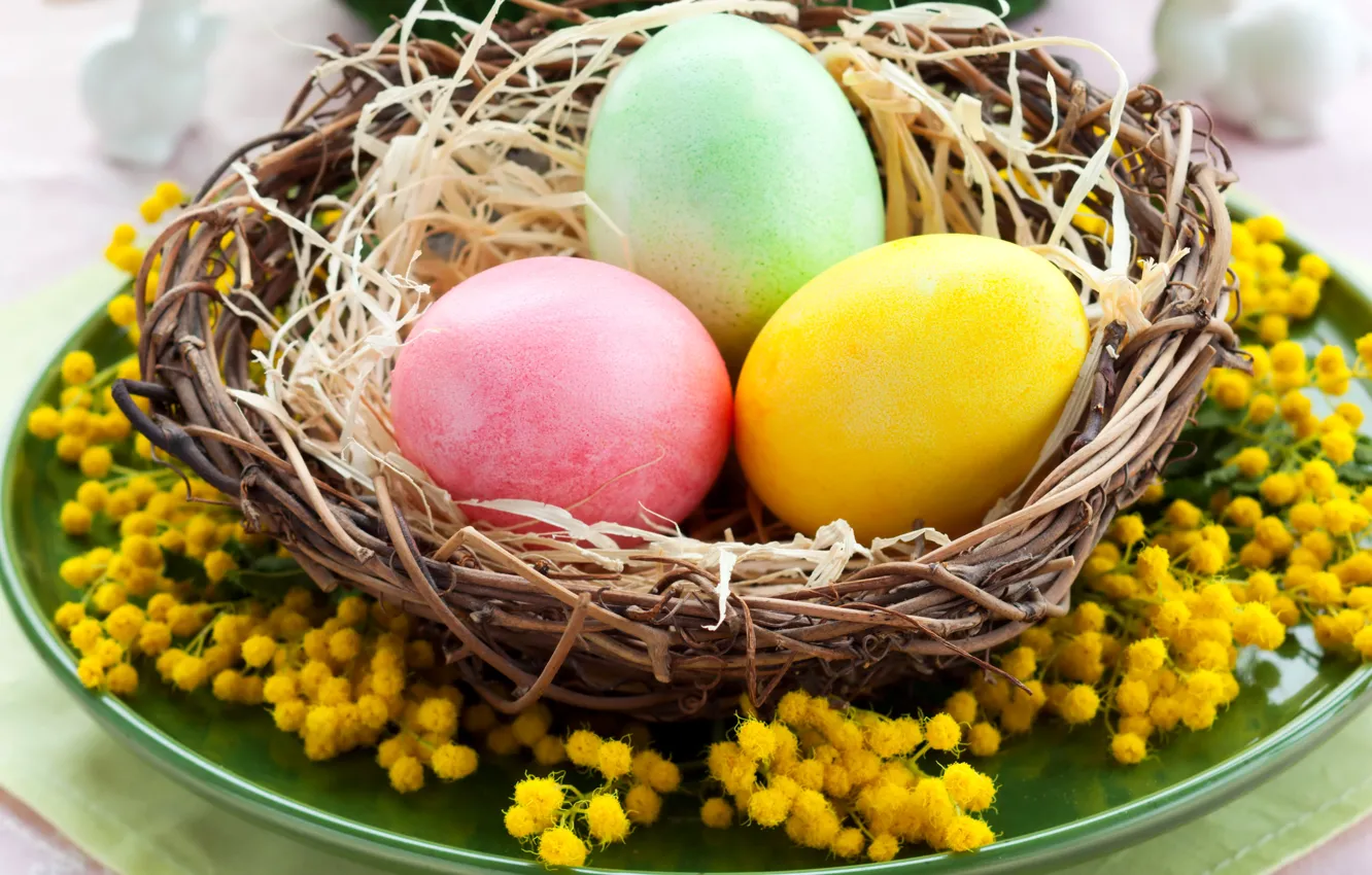 Photo wallpaper photo, Easter, Eggs, Basket, Holiday, Mimosa