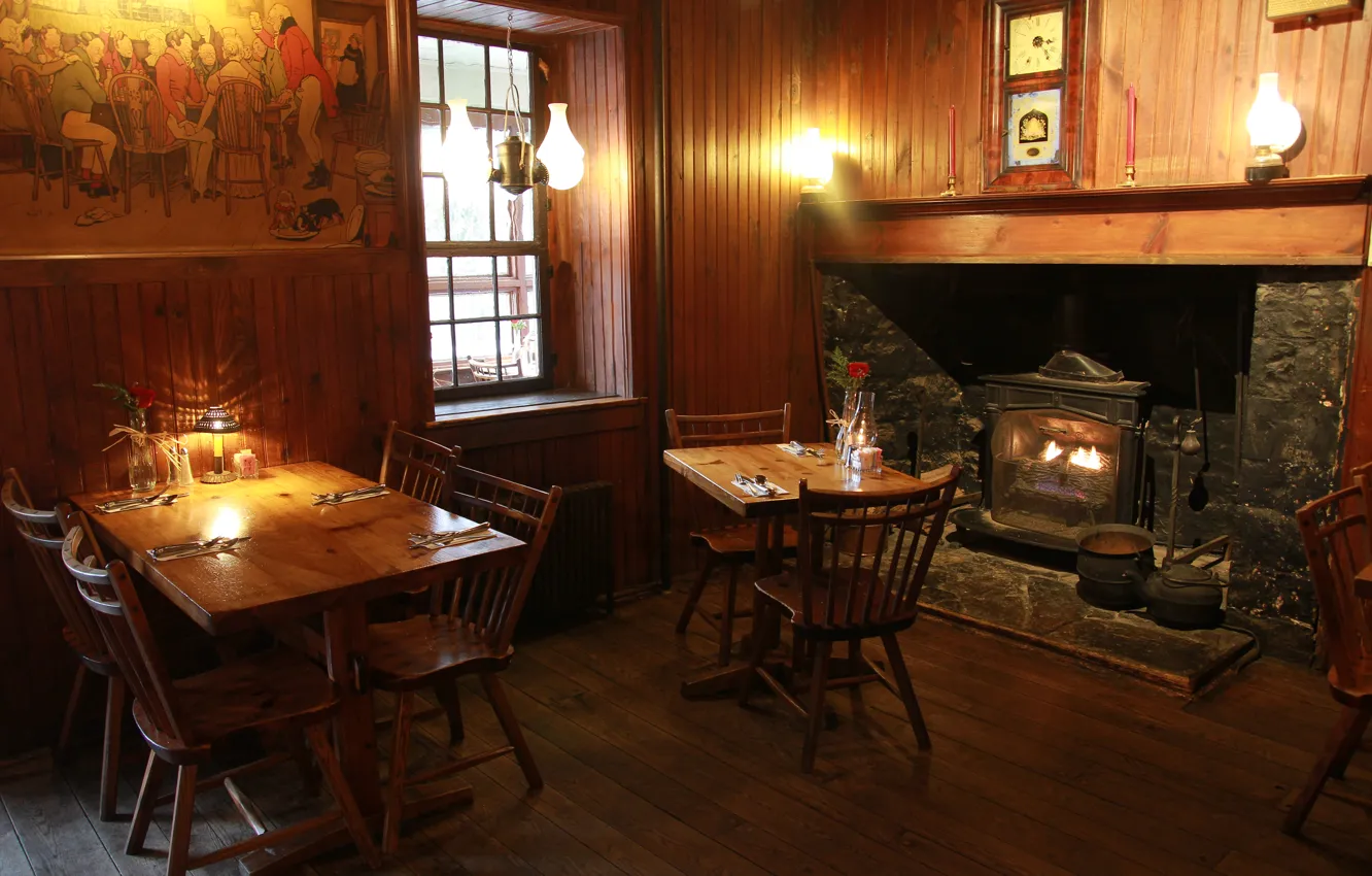 Photo wallpaper wood, fireplace, tables, chairs, restaurant