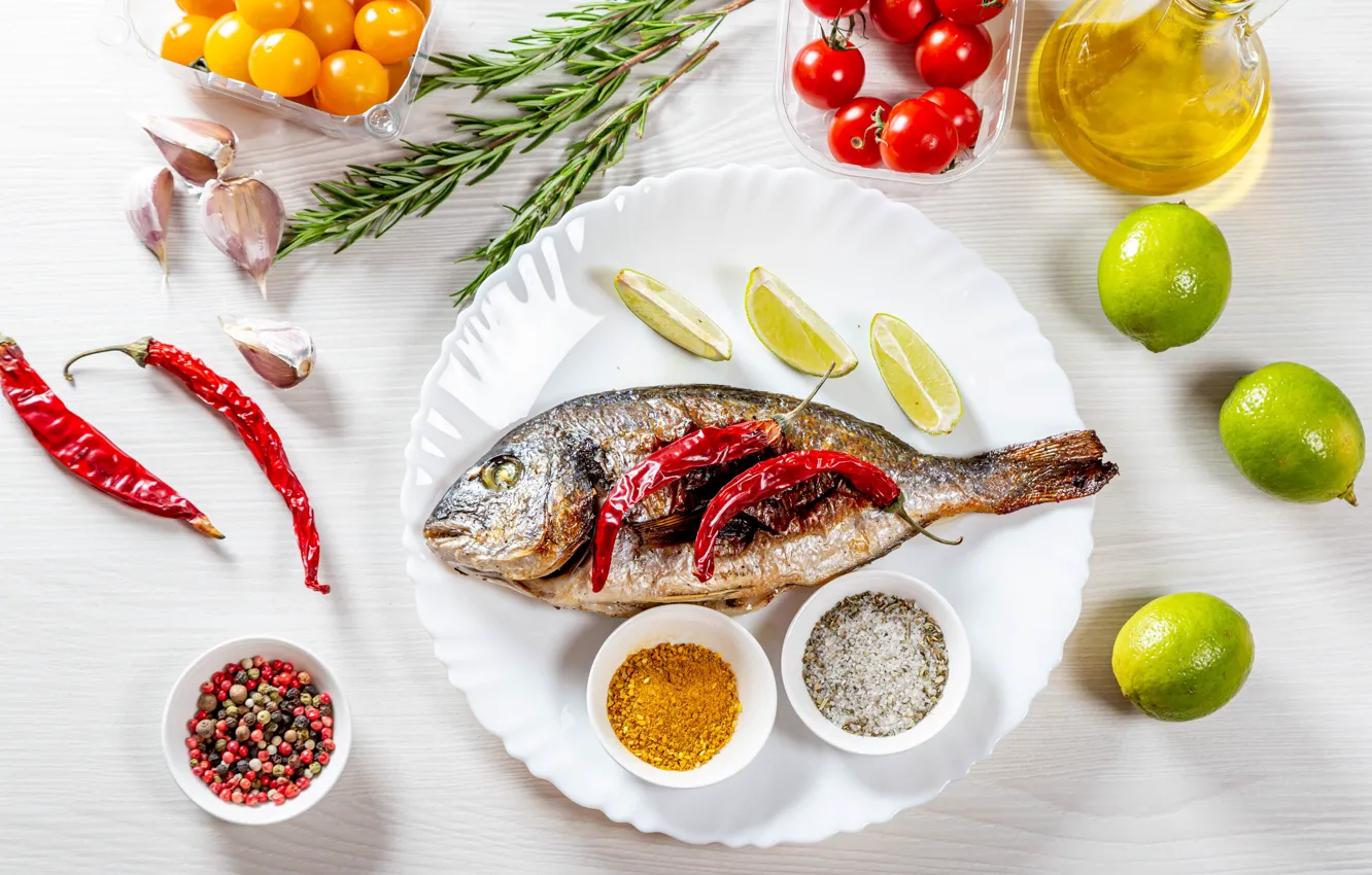 Photo wallpaper fish, lime, pepper, spices, garlic, tomatoes