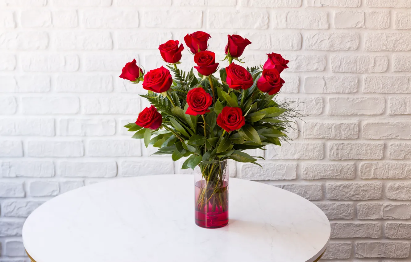 Photo wallpaper flowers, glass, table, wall, roses, bouquet, red, bricks