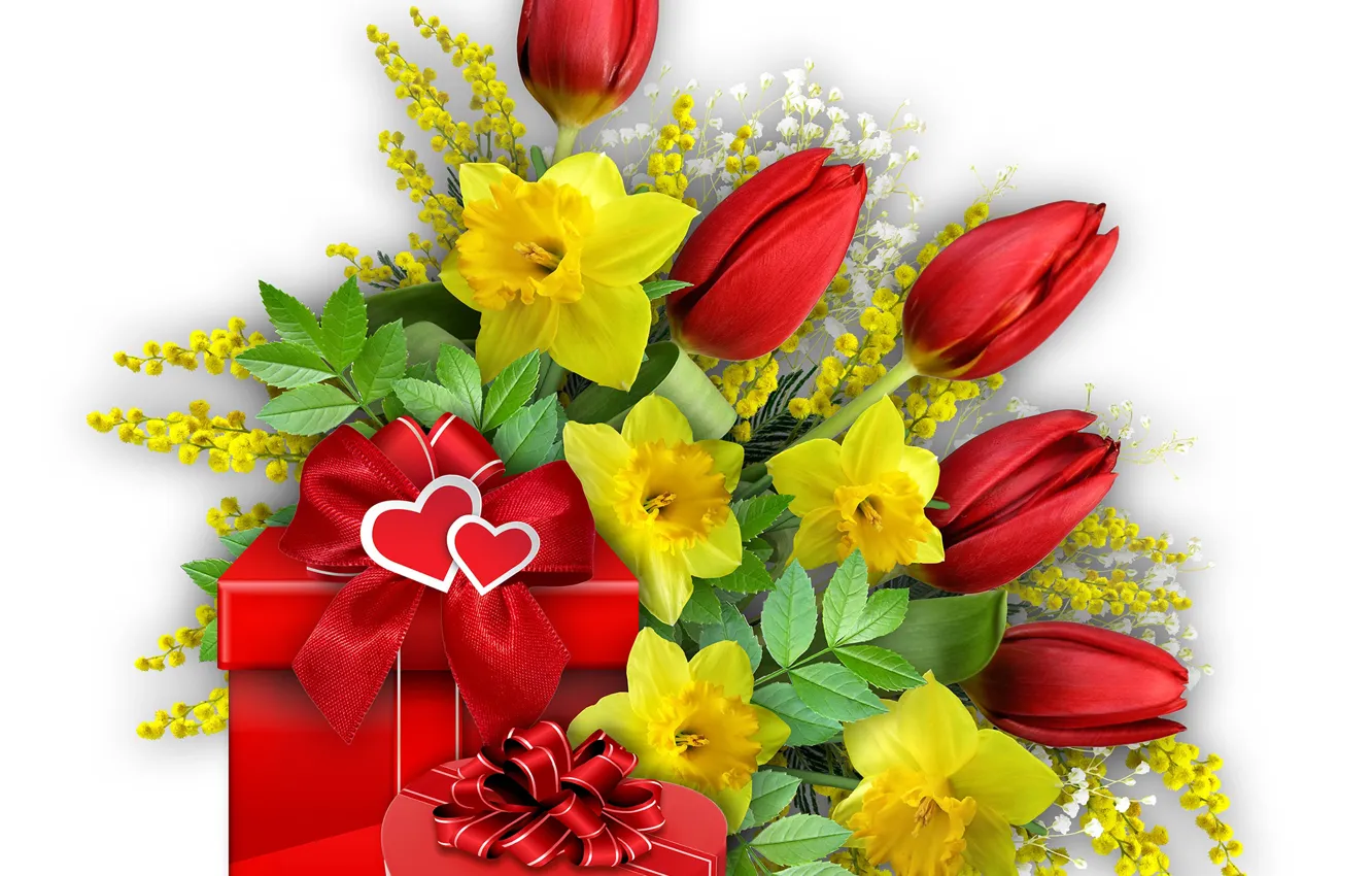 Photo wallpaper flowers, holiday, gift, heart, spring, tulips, bow, March 8