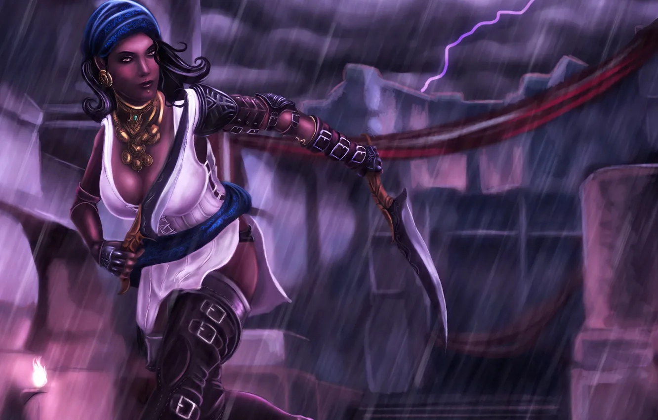 Photo wallpaper girl, weapons, rain, art, thief, Dragon Age, Isabella
