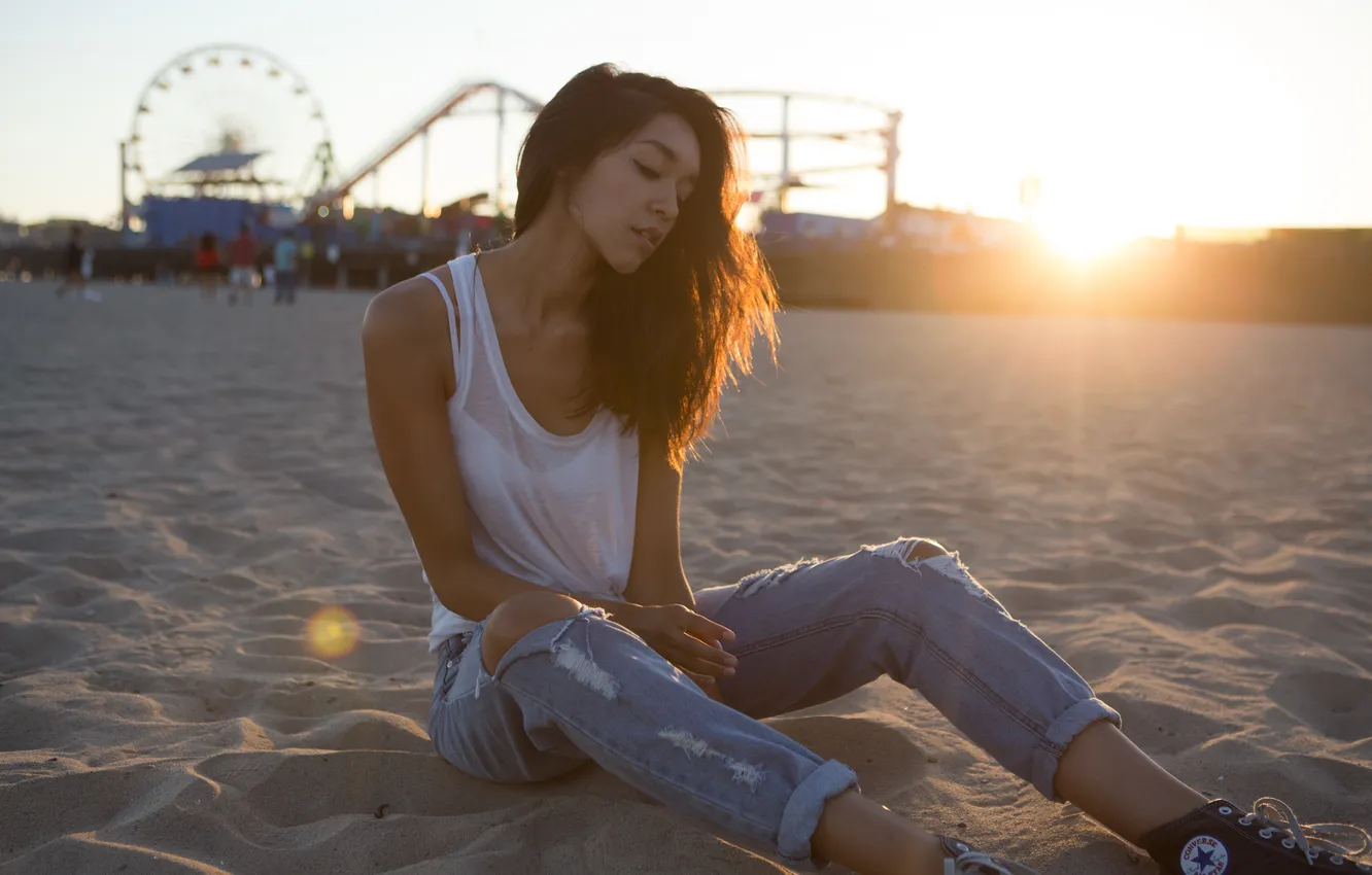 Photo wallpaper sand, beach, girl, the sun, sunset, jeans, Mike