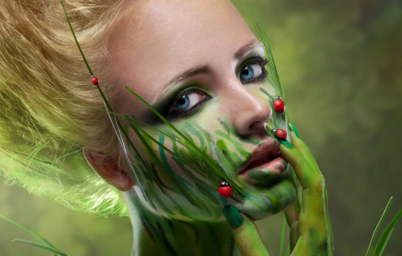Photo wallpaper look, girl, paint, model, hair, plant, blonde, blue eyes