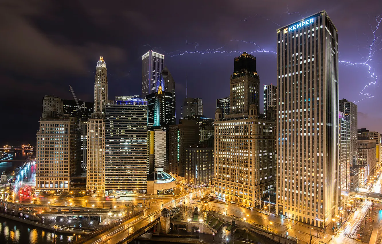 Photo wallpaper the sky, night, lights, lightning, USA, the city of Chicago
