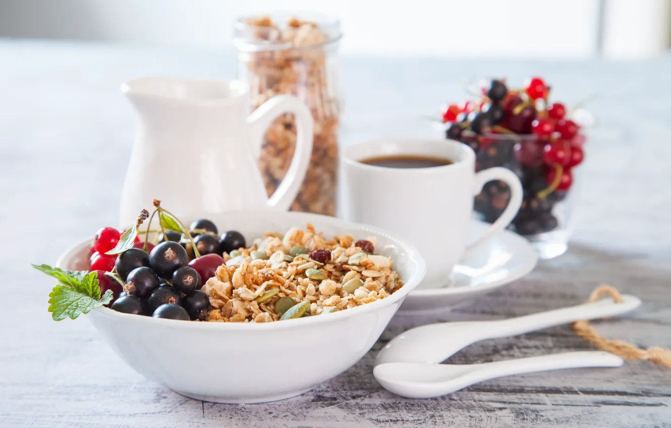Photo wallpaper berries, coffee, Breakfast, currants, breakfast, muesli, muesli, fresh berries