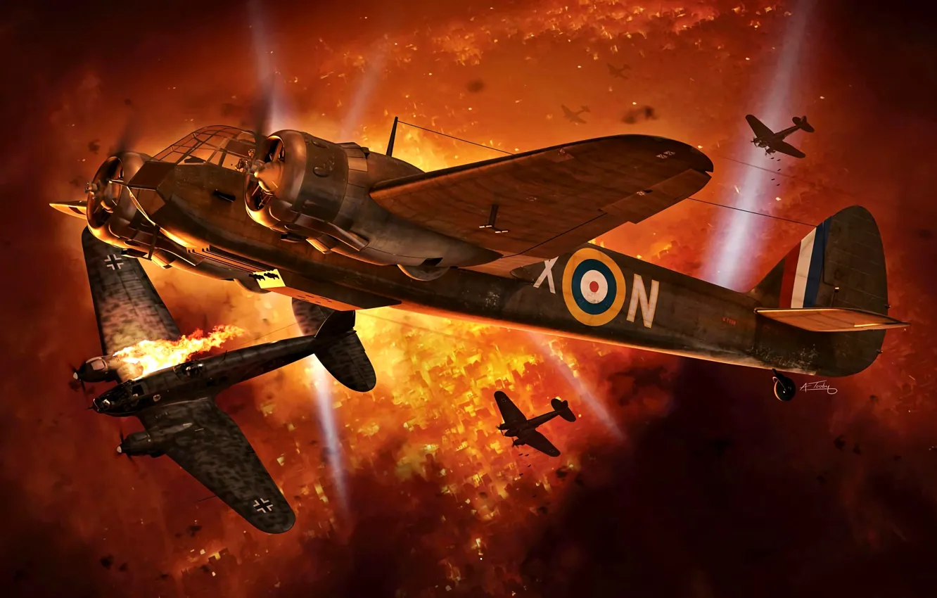 Photo wallpaper night, fire, bomber, night fighter, He 111, Bristol, The spotlight, Blenheim Mk.IF