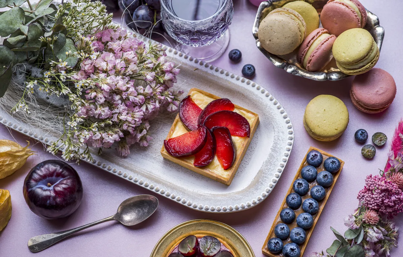 Photo wallpaper flowers, berries, table, apples, glass, bouquet, cookies, blueberries