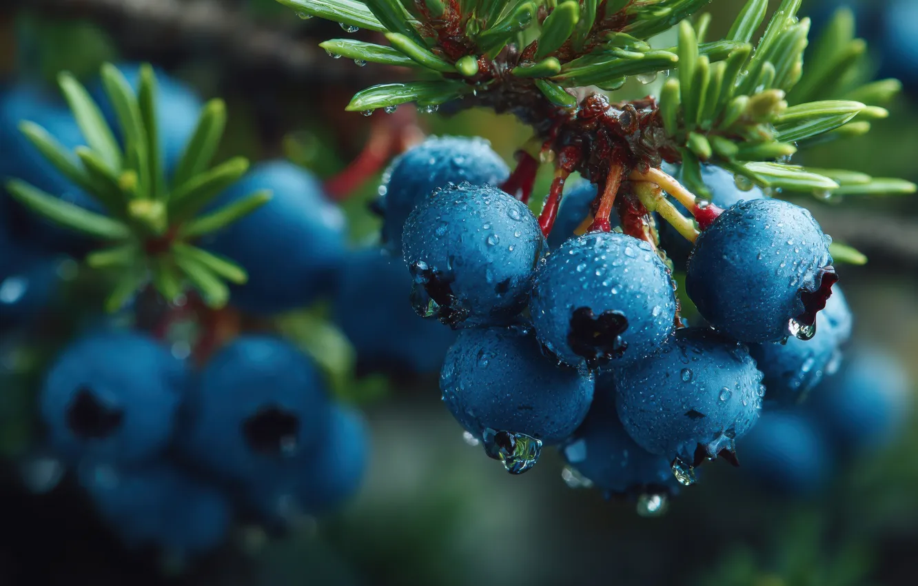 Photo wallpaper leaves, drops, macro, branches, blue, berries, blue, fruit