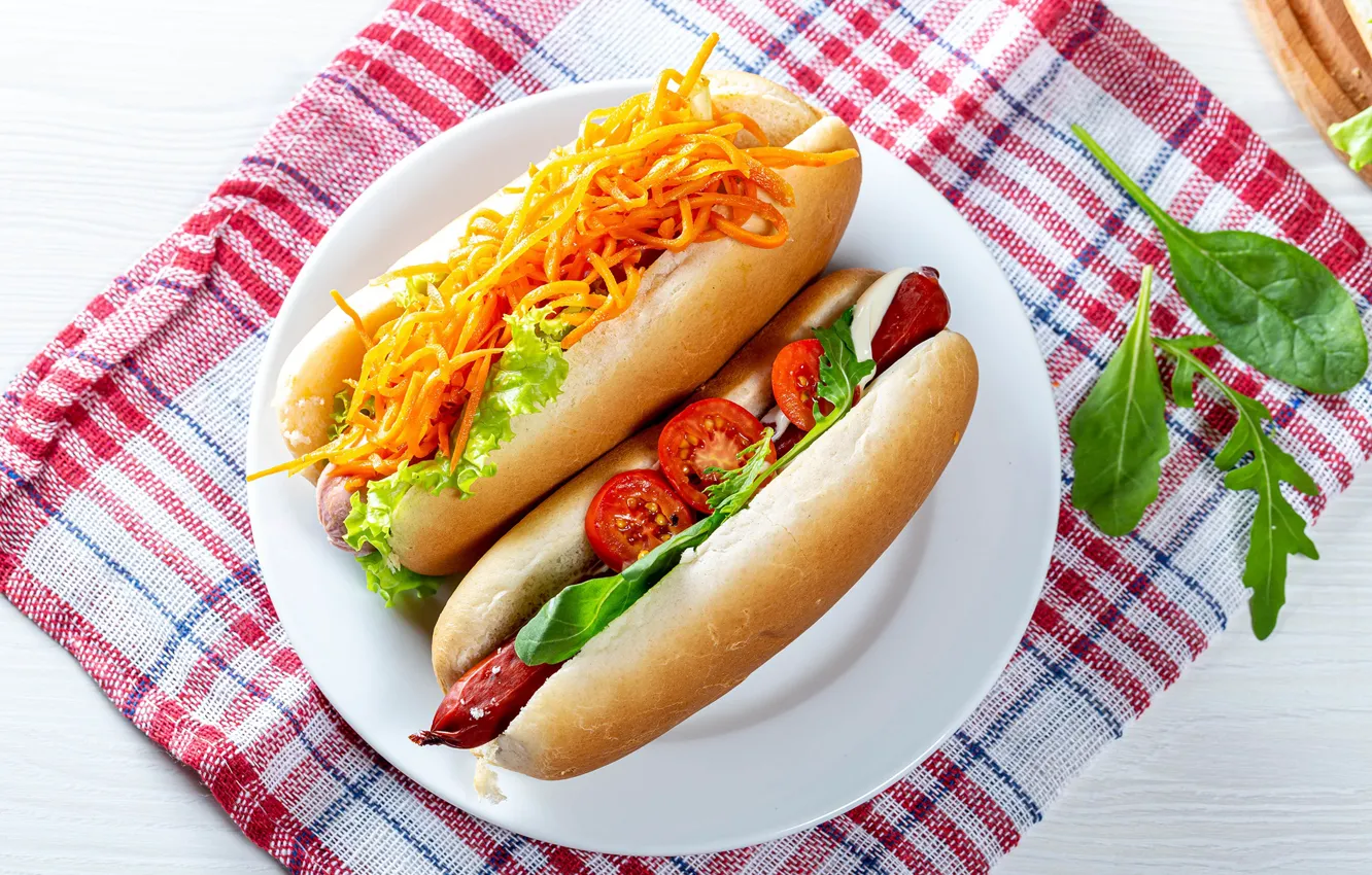 Photo wallpaper sausage, vegetables, tomatoes, carrots, sauce, buns, hot dog