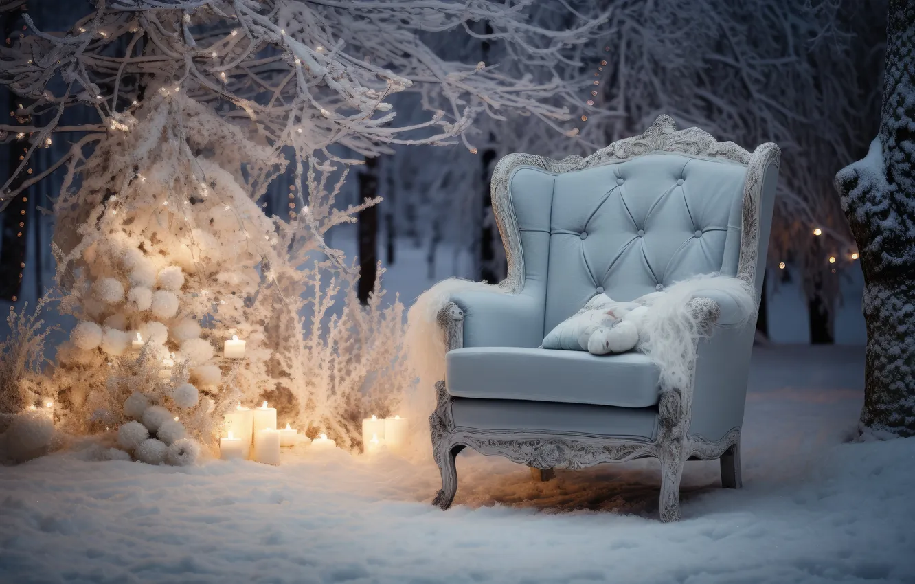 Photo wallpaper winter, frost, snow, decoration, room, tree, new year, interior