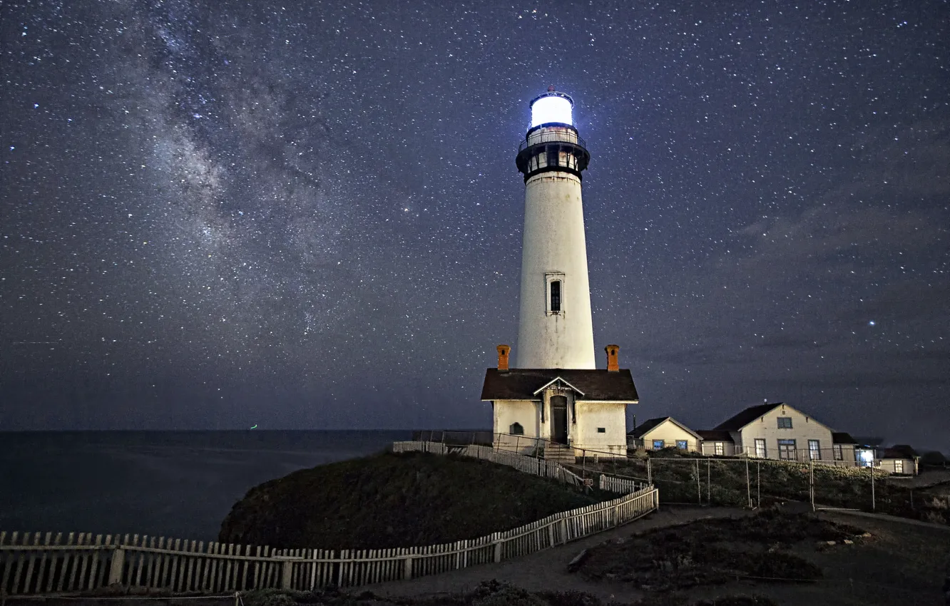 Photo wallpaper sea, space, stars, lighthouse, The Milky Way