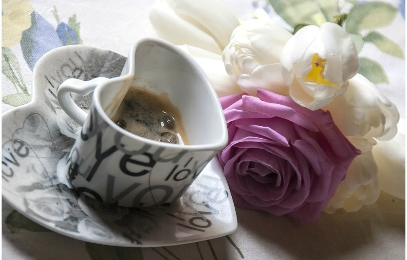 Photo wallpaper flowers, background, Wallpaper, mood, heart, rose, coffee, mug