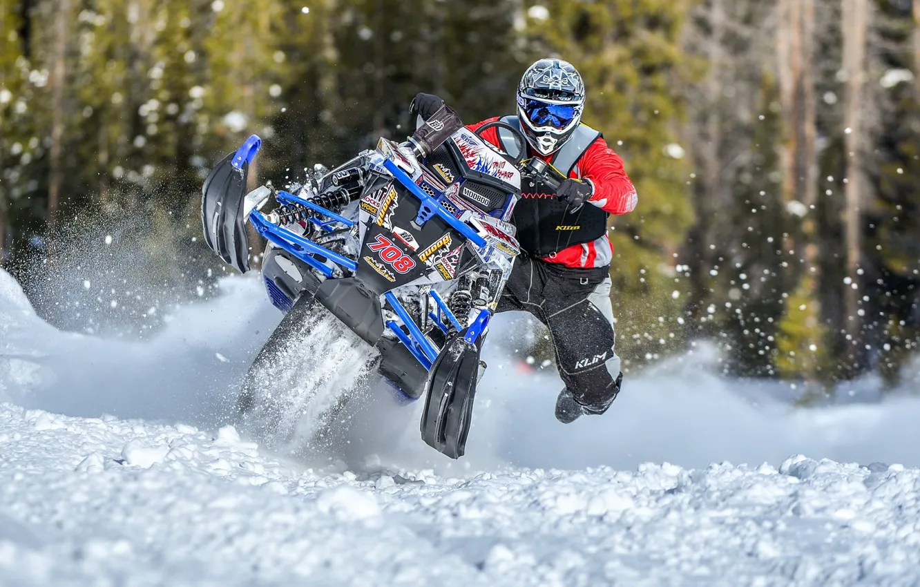 Photo wallpaper snow, blue, jump, snow, snowmobile, Polaris, snowmobile, Polaris