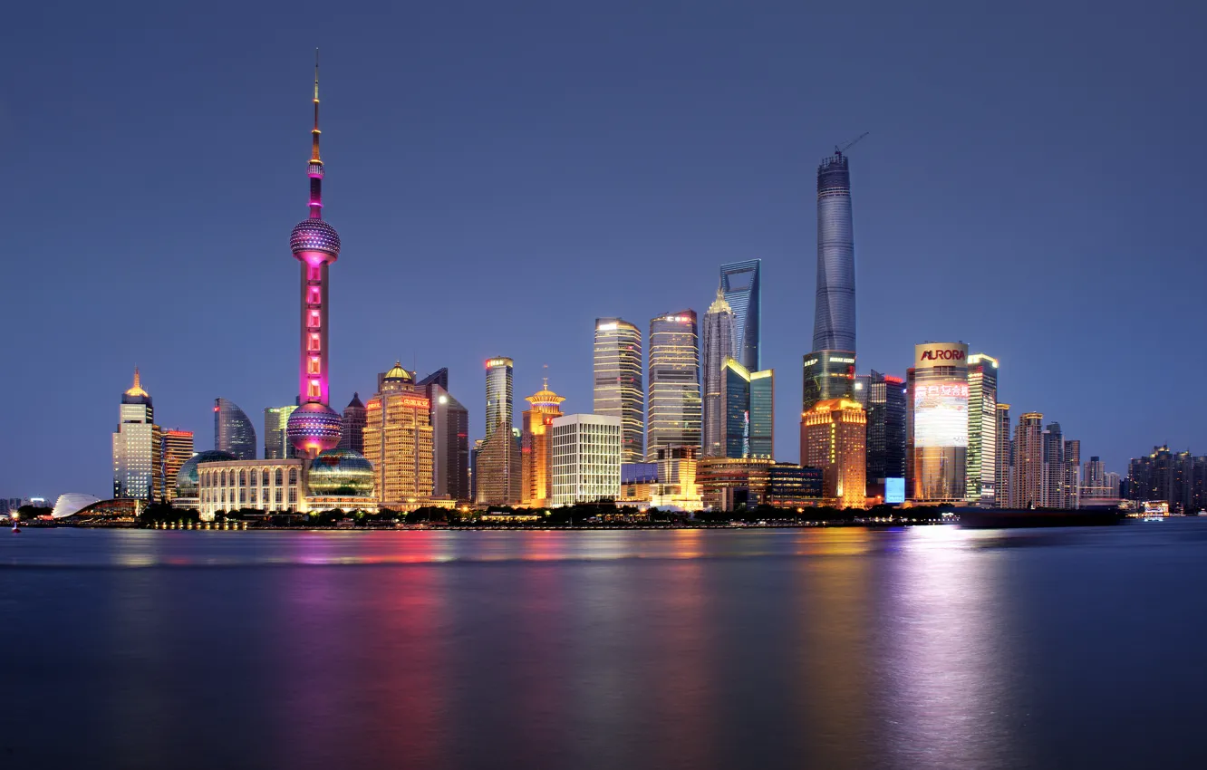 Photo wallpaper river, horizon, China, Shanghai, Oriental Pearl Tower, Shanghai Tower, Shanghai World Financial Center, the Huangpu …