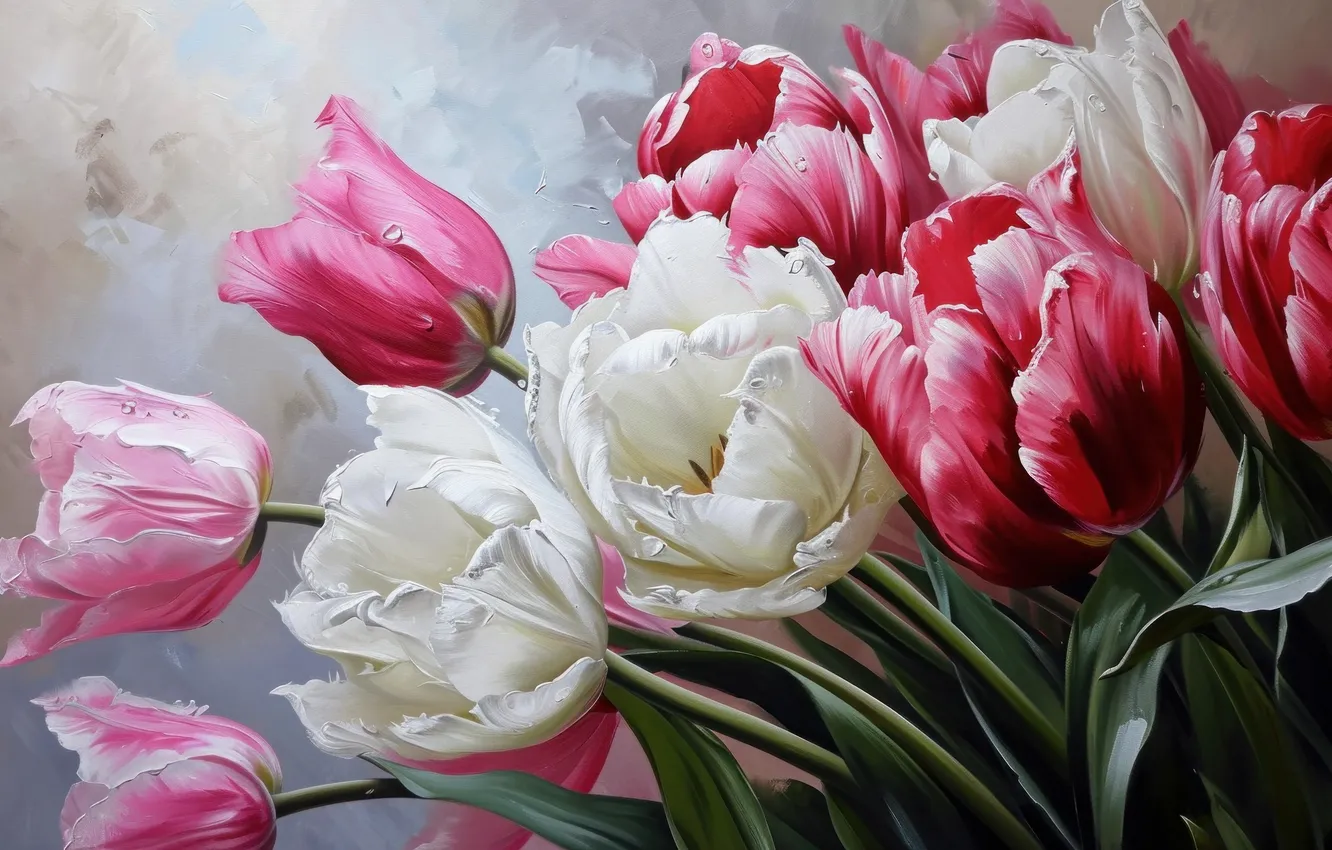 Photo wallpaper flowers, holiday, bouquet, spring, tulips, March 8, AI art, universal holiday background