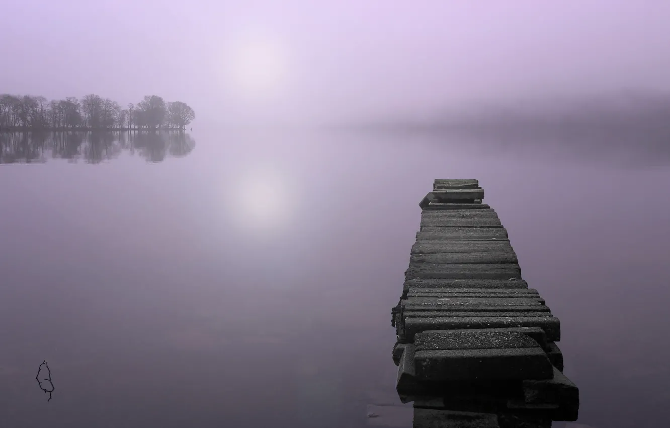 Photo wallpaper landscape, bridge, fog, lake, morning