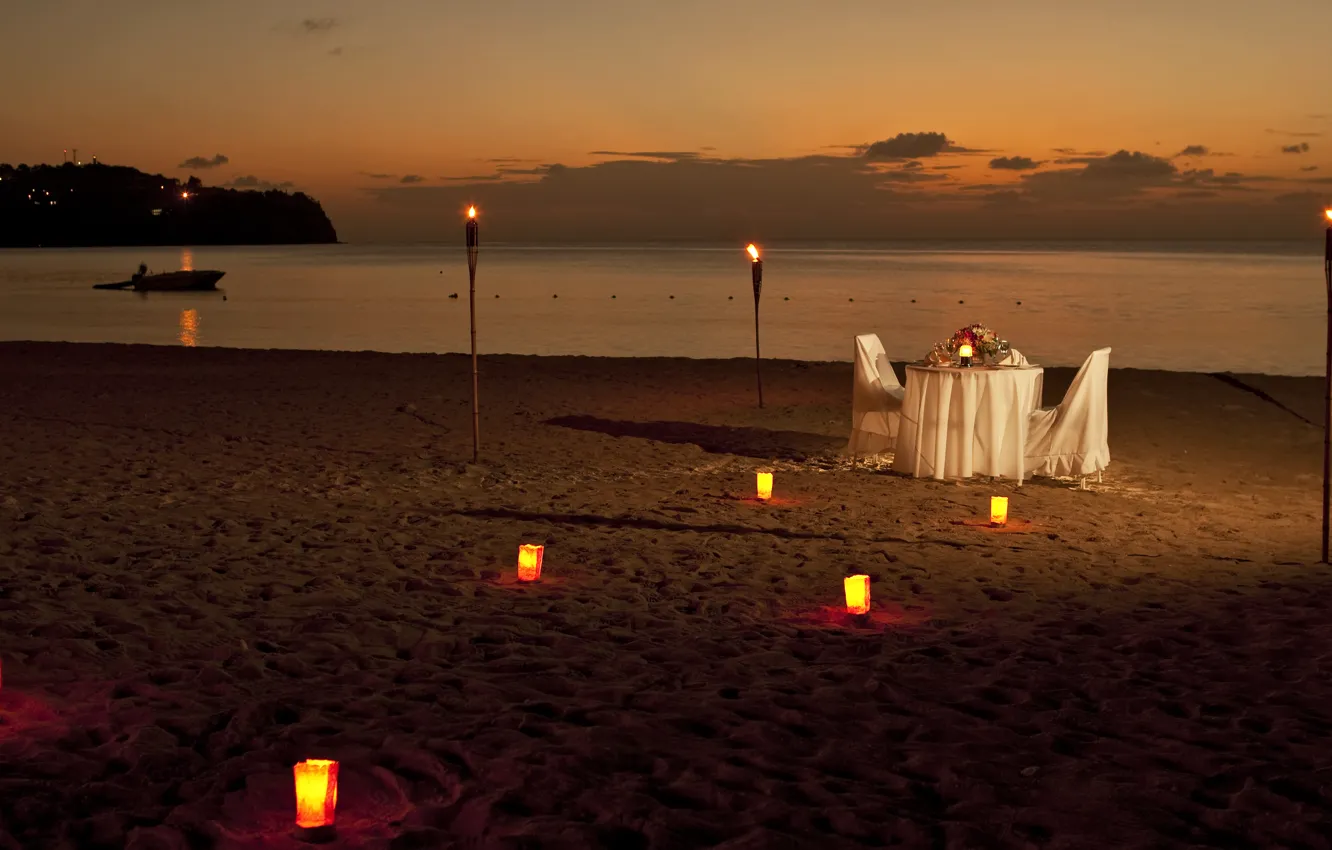 Photo wallpaper beach, the ocean, romance, the evening, torches, dinner