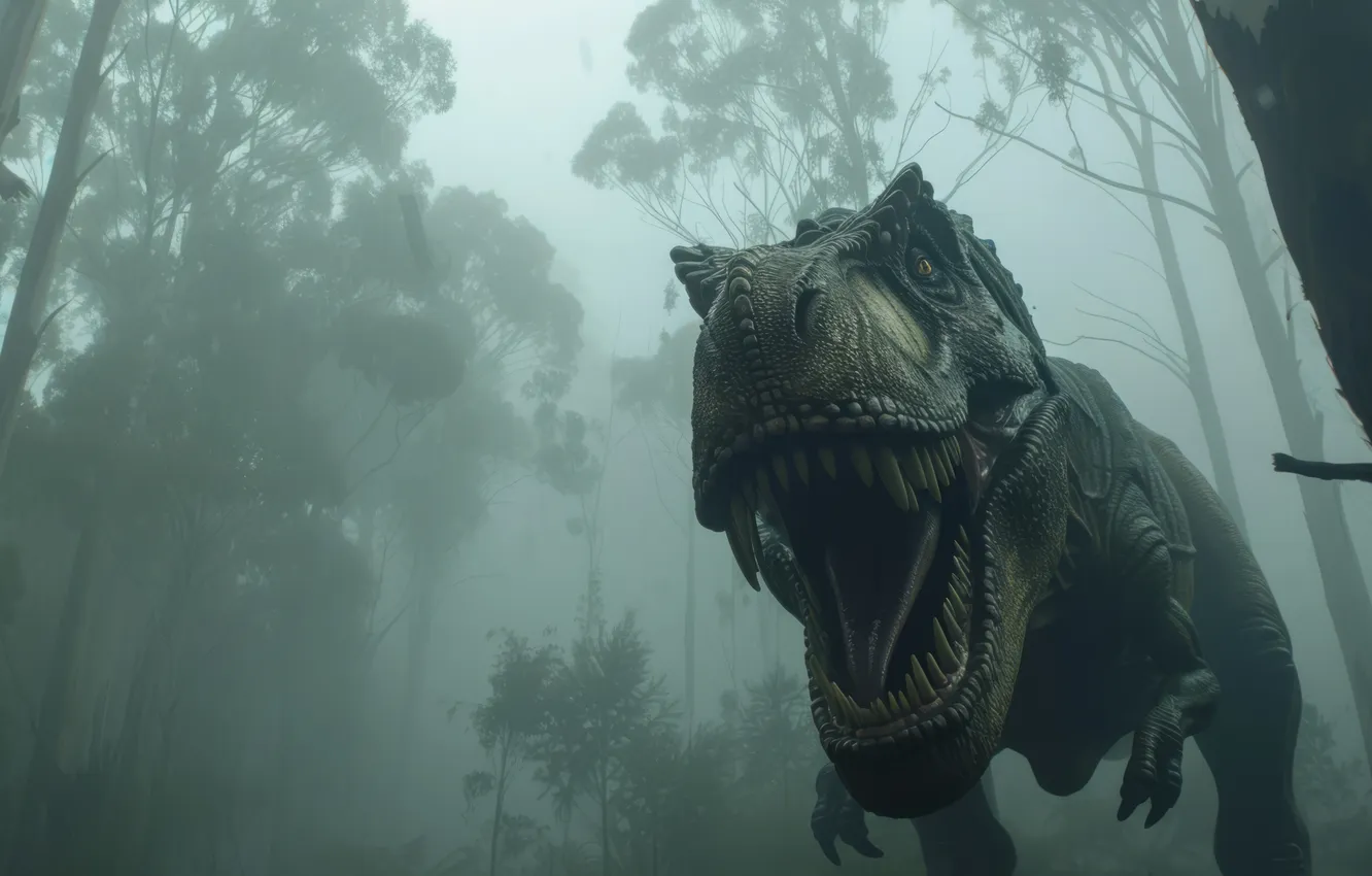 Photo wallpaper face, trees, fog, animal, dinosaur, predator, teeth, grin