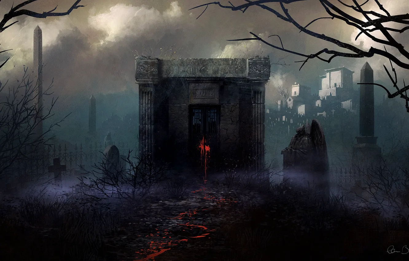 Photo wallpaper trees, traces, red, cross, art, cemetery, love, the crypt