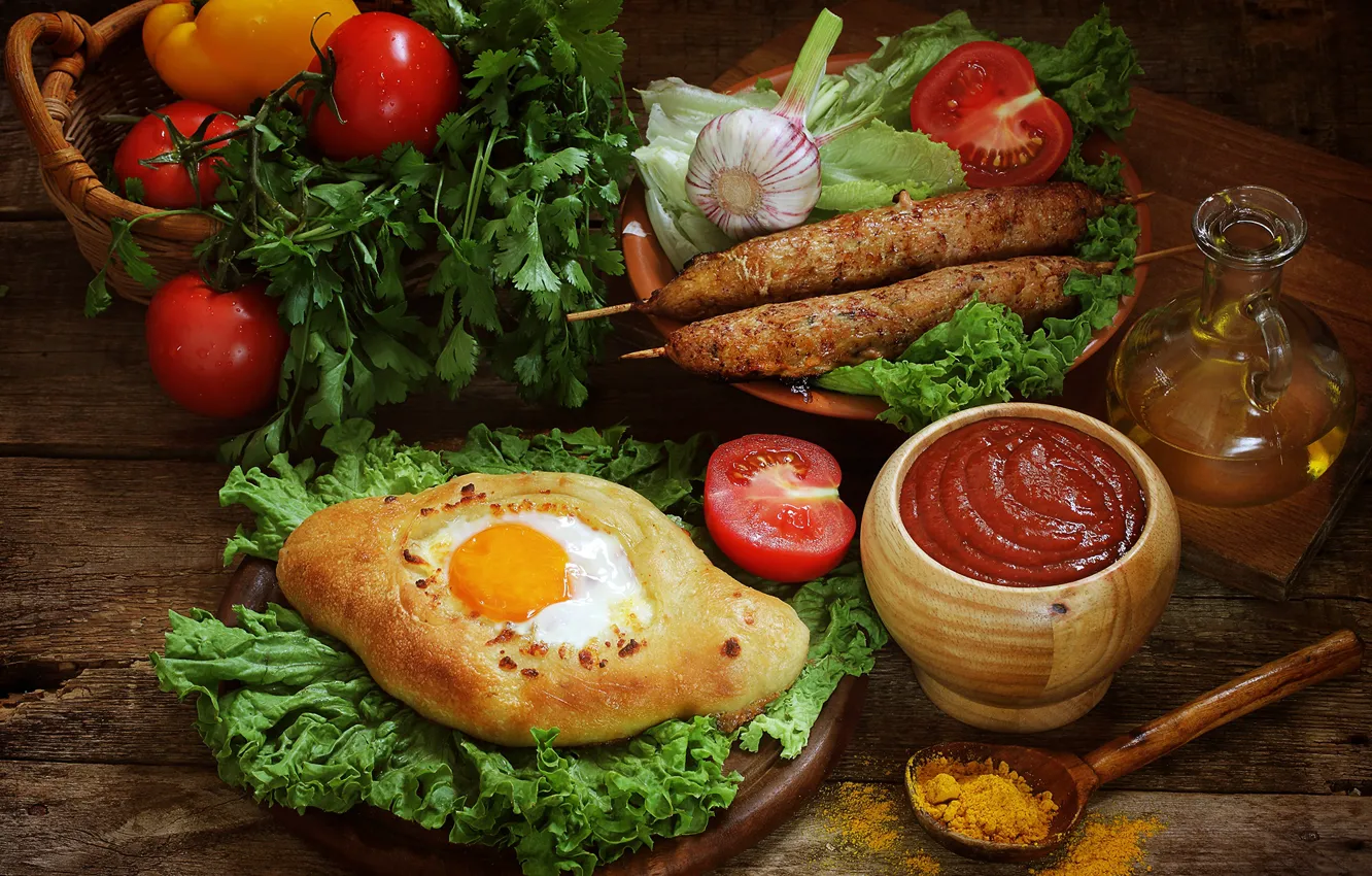 Photo wallpaper egg, vegetables, cuts, khachapuri, adjika, lulakebabs