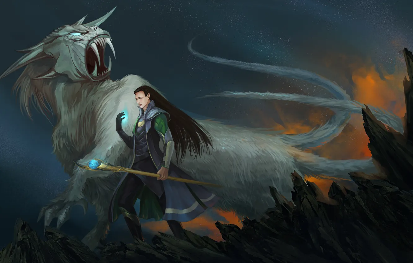 Photo wallpaper rocks, magic, monster, art, staff, guy, Thor, Loki