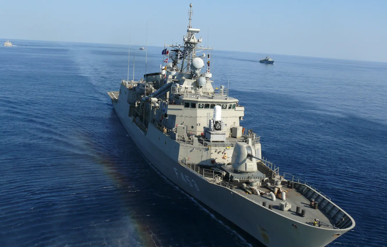 Photo wallpaper sea, the sky, ship, rainbow, horizon, calm