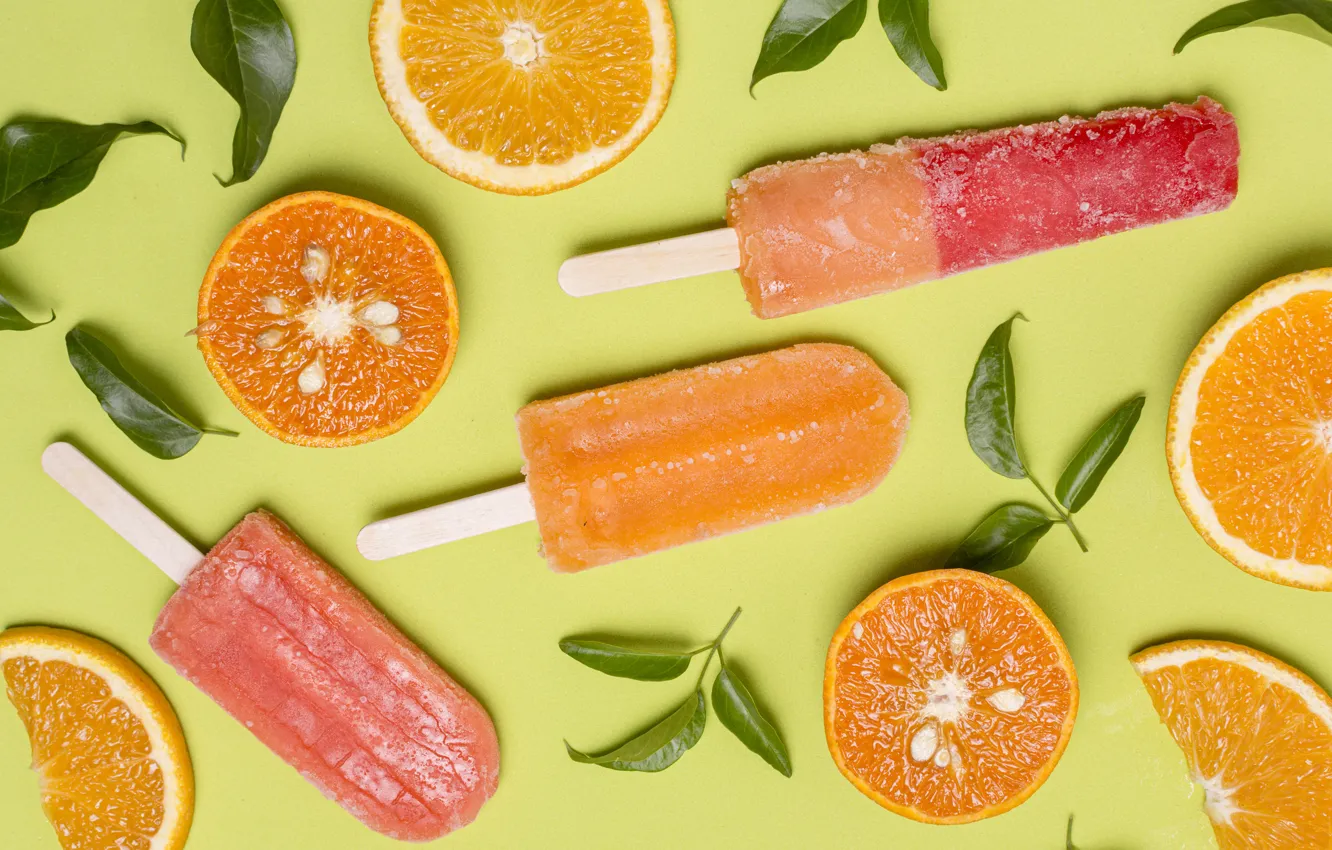 Photo wallpaper leaves, orange, ice cream, citrus, dessert, green background, slices, delicious