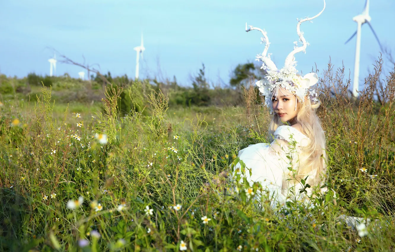 Photo wallpaper look, girl, nature, face, style, portrait, blonde, costume