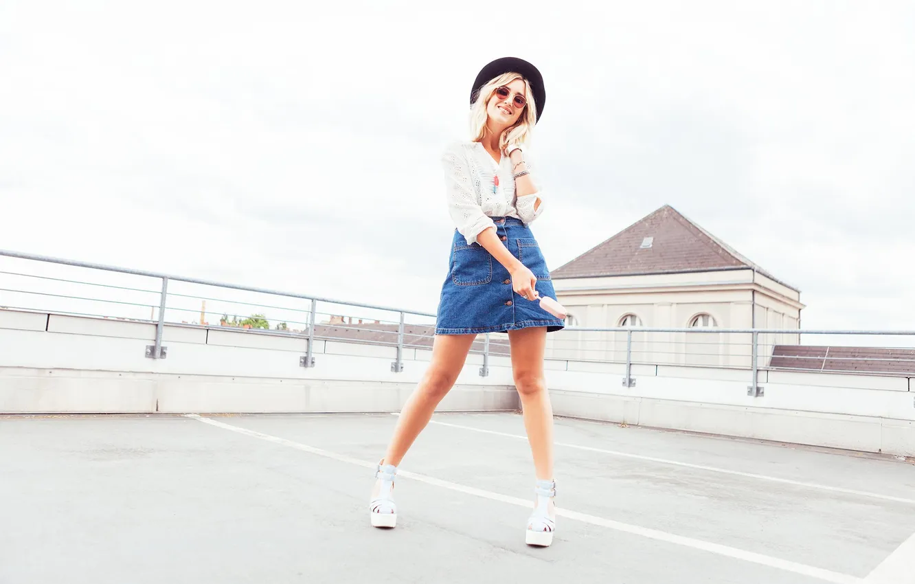 Photo wallpaper girl, hat, model, Denim, cute, skirt, sunglasses