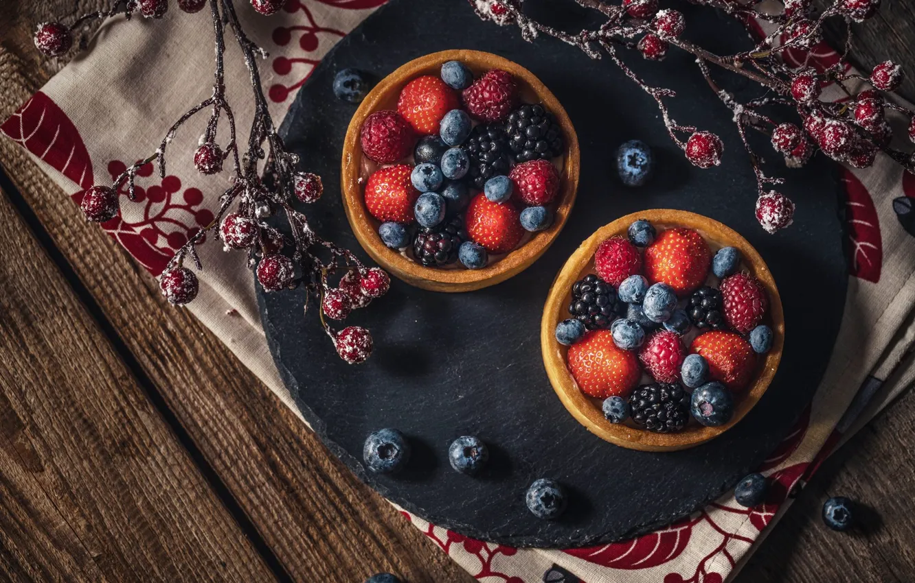 Photo wallpaper branches, berries, raspberry, table, Board, towel, blueberries, strawberry