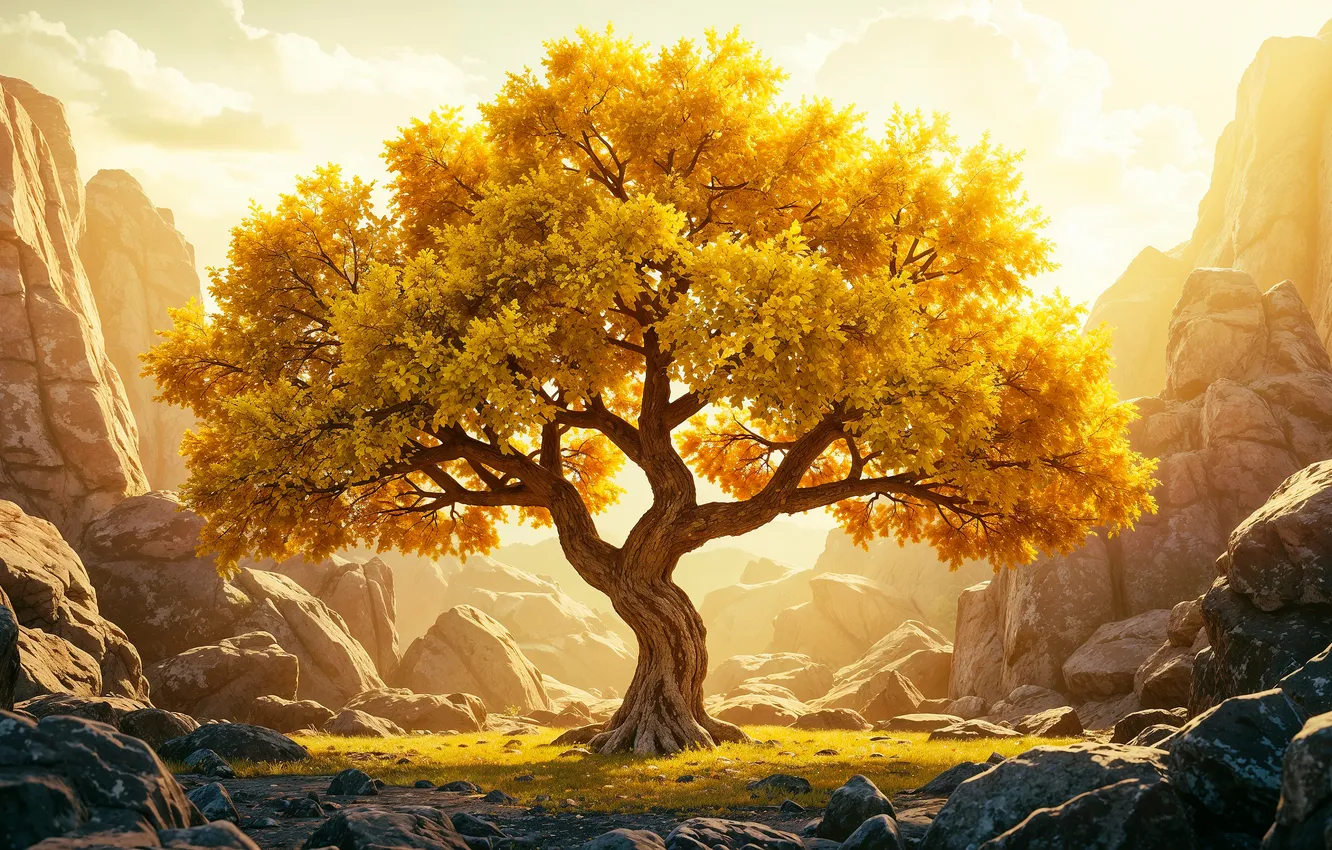 Photo wallpaper autumn, the sun, trees, landscape, mountains, nature, fog, stones