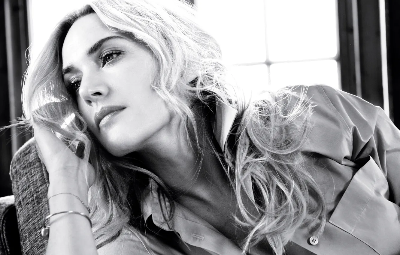 Photo wallpaper photo, makeup, actress, hairstyle, blonde, black and white, shirt, Kate Winslet