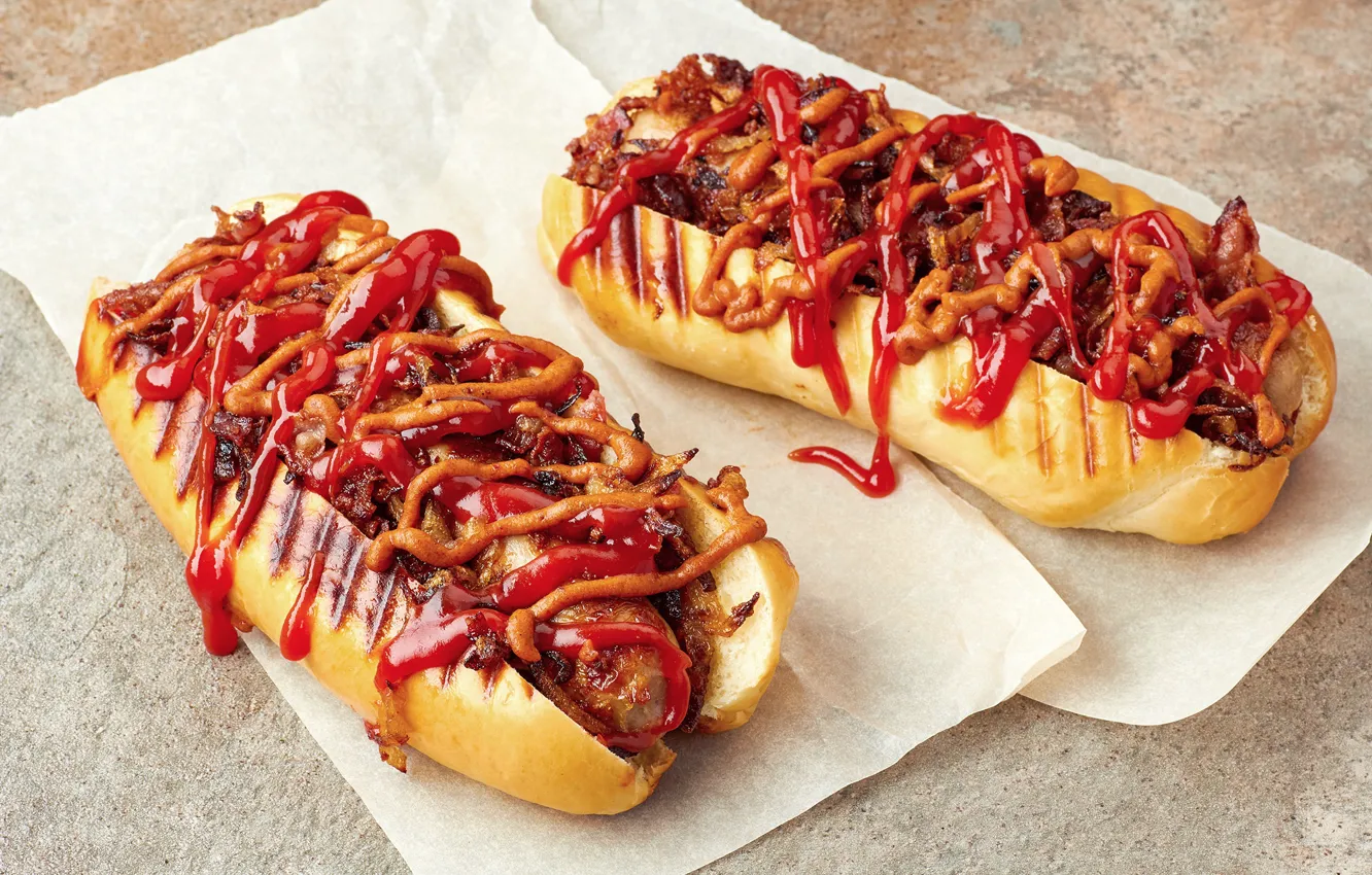 Photo wallpaper sausage, sauce, ketchup, buns, hot dog