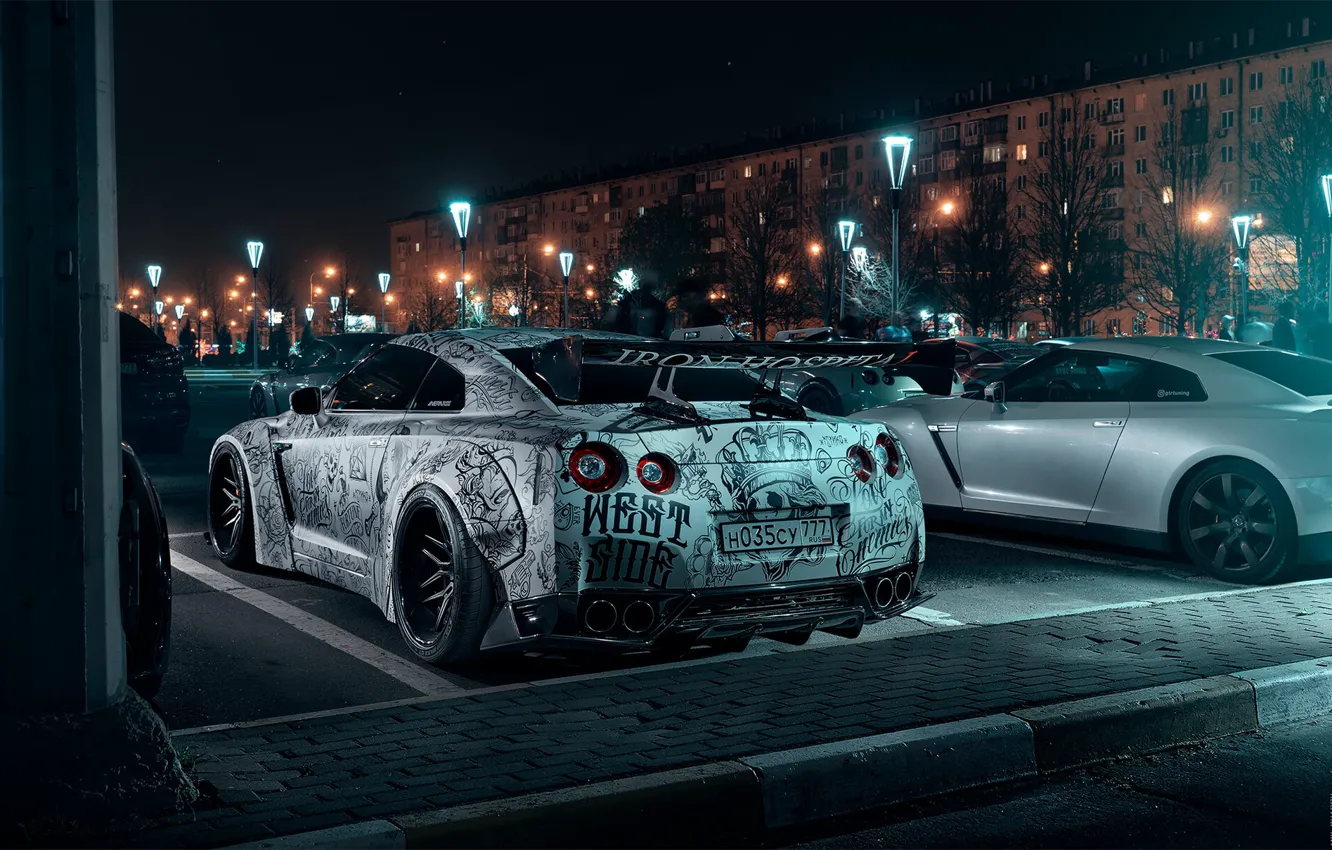 Photo wallpaper Auto, Night, Machine, Tuning, Nissan, GT-R, Parking, Moscow