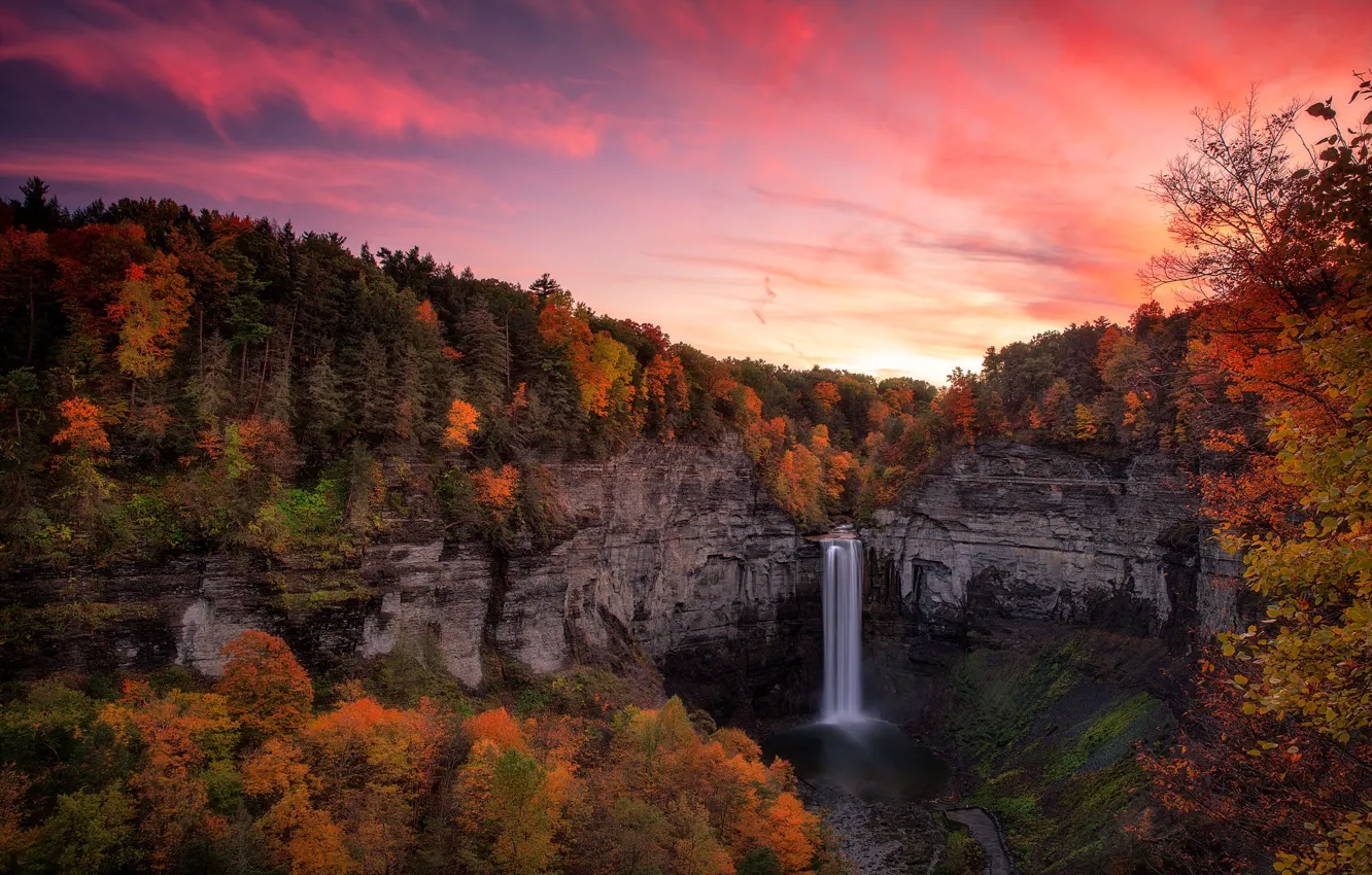 Photo wallpaper autumn, forest, sunset, rocks, waterfall