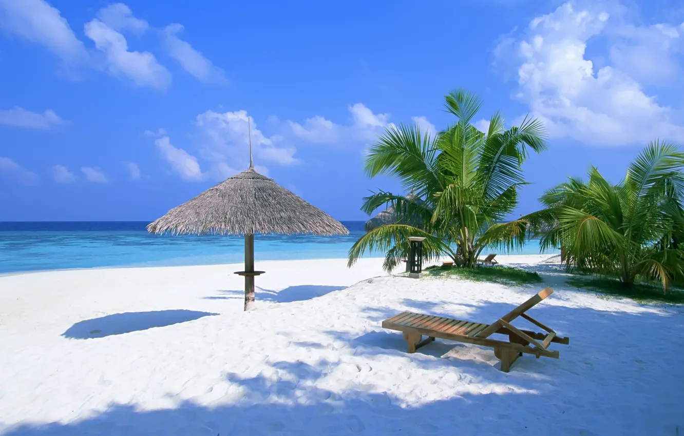 Photo wallpaper sand, beach, summer, palm trees, the ocean, chaise, canopy, Bahamas