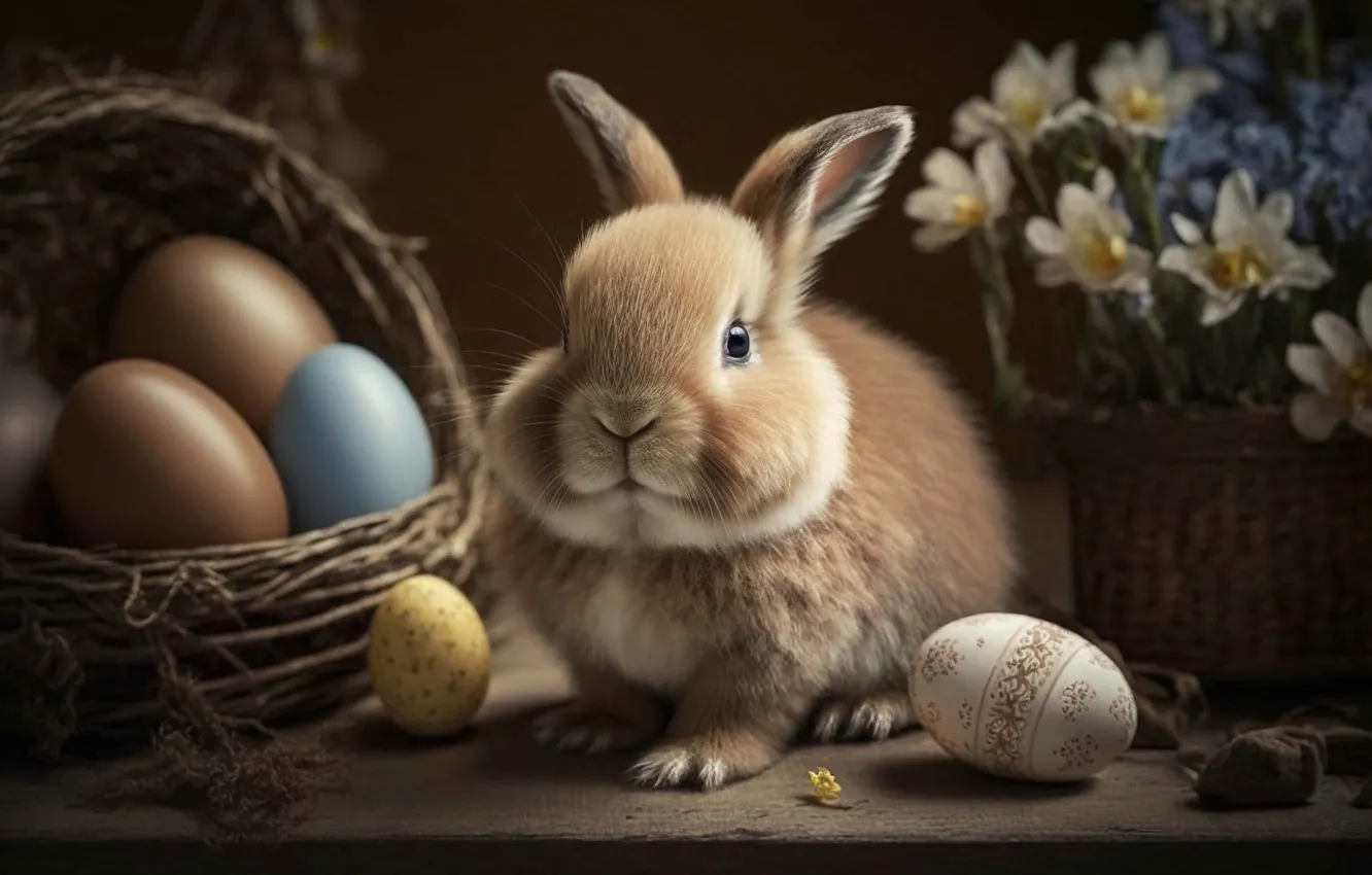 Photo wallpaper flowers, holiday, Board, eggs, bouquet, spring, rabbit, red