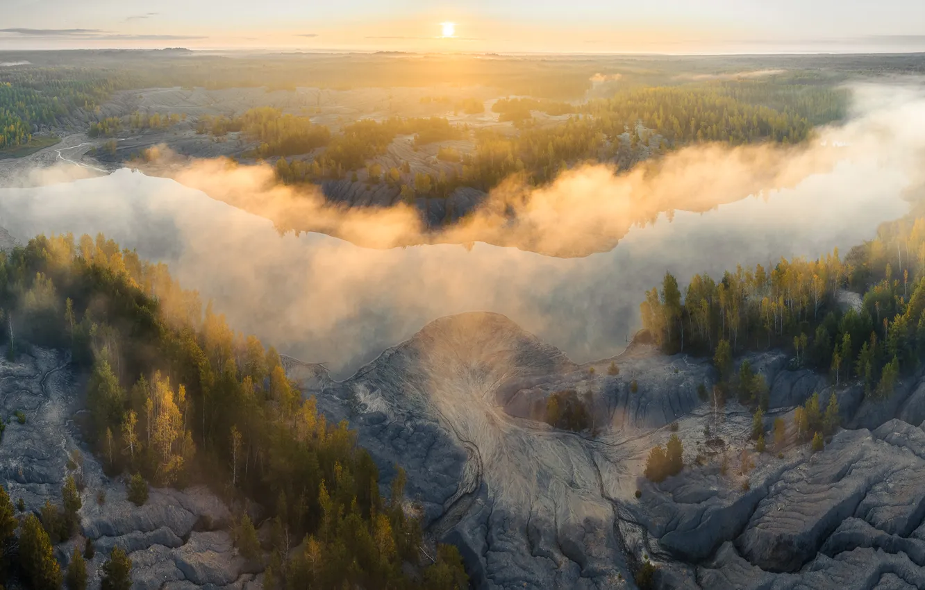 Photo wallpaper colors, forest, river, sunset, fog