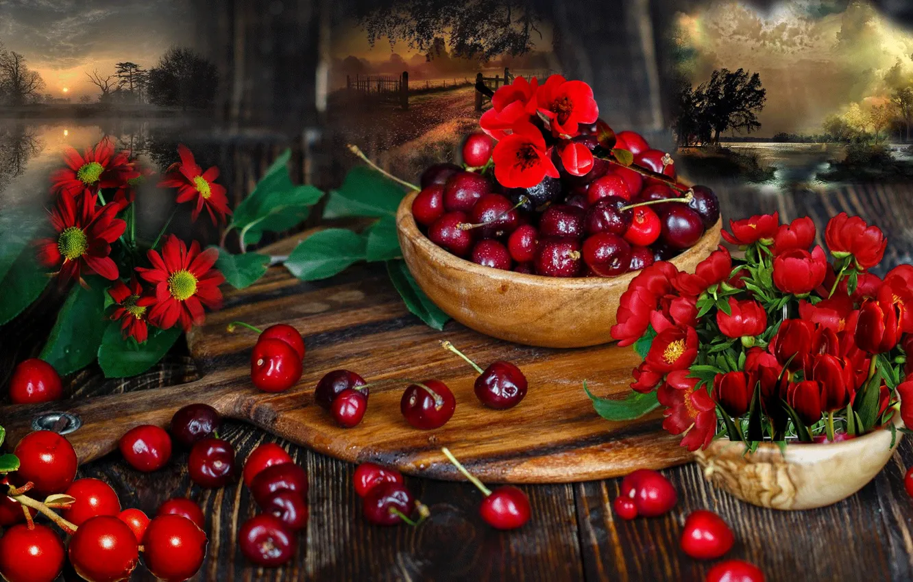 Photo wallpaper flowers, cherry, still life